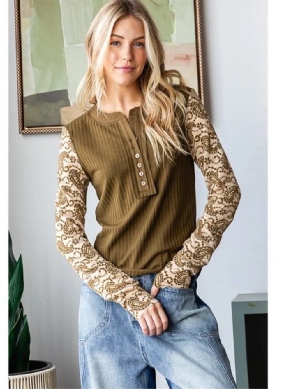New: Oli & Hali Olive Ribbed Henley Top With Boho  Paisley Lace Long Sleeves• S
